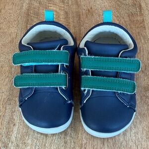 Ten Little Navy Sneakers with Green Velcro Straps - Comfortable Play Shoes